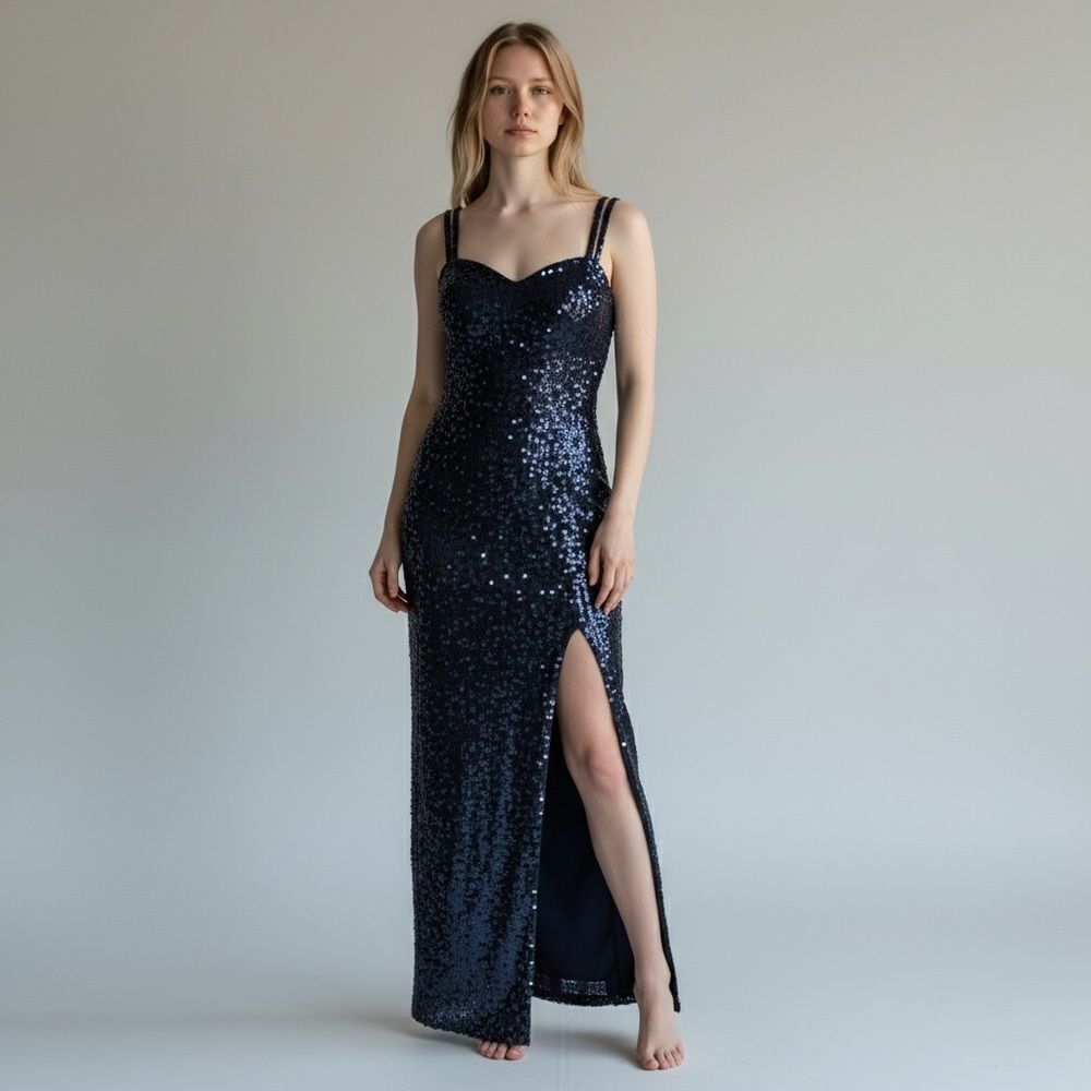 Vintage Della Rougogali Navy Sequin Gown